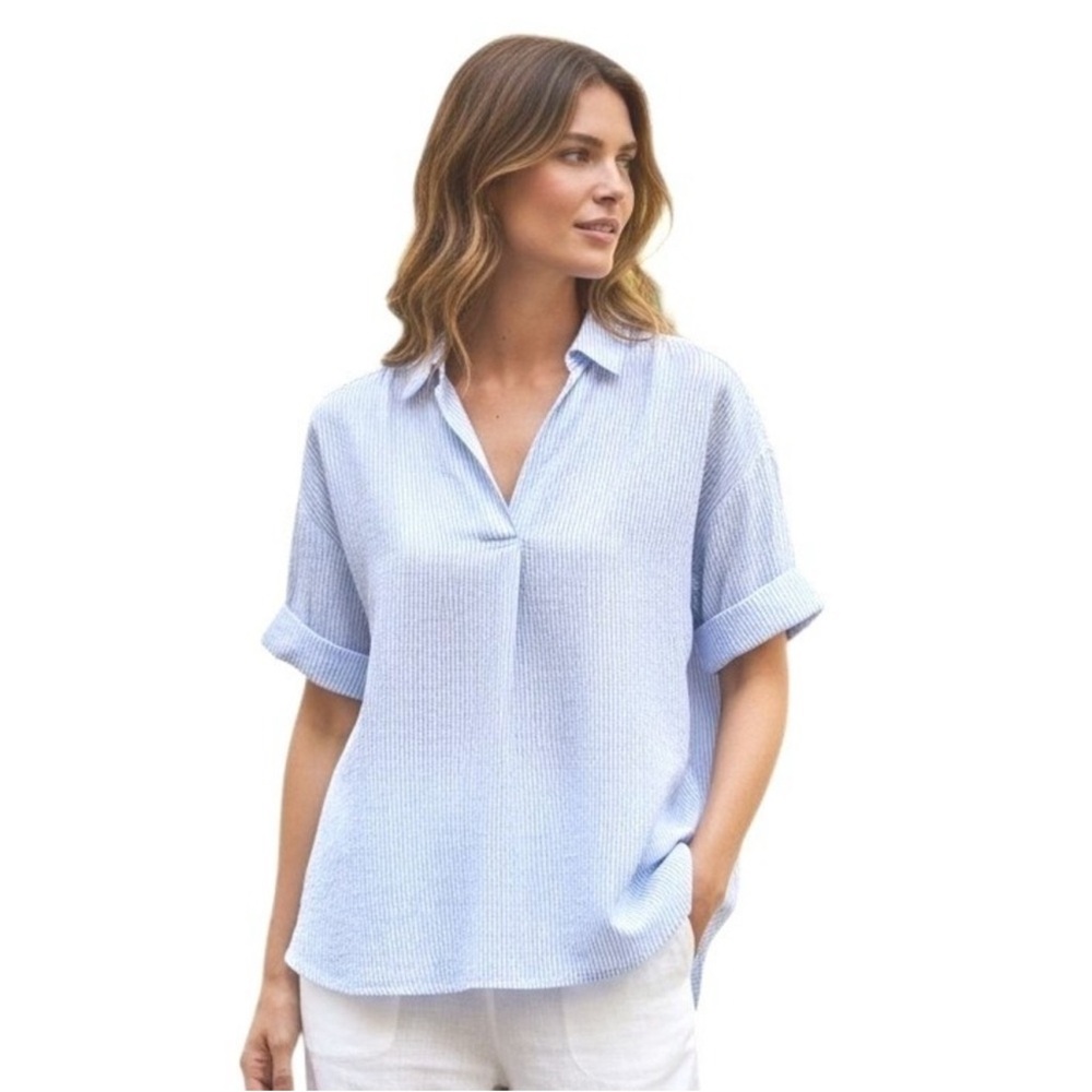 Nation LTD Elliot Top Light Blue Seersucker Relaxed V-Neck size Small